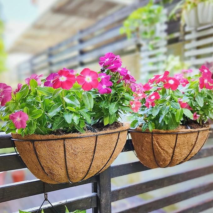 Maxona Wall Hanging Baskets,16 Inch 2 Pack Flower Planters for Outdoor Plants Wall Mounted with Coco Liner, Metal Iron Wire Holder for Window Herb Railing Fence Deck Balcony Porch Garden