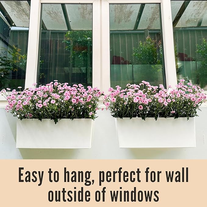 LaLaGreen Wall Hanging Planter Outdoor (20 Inch, 4 Pack) Wall Mounted Self Watering System Window Boxes with Bracket, White Rectangular Plant Pot Flower Box Container Indoor Modern Herb Kitchen Decor