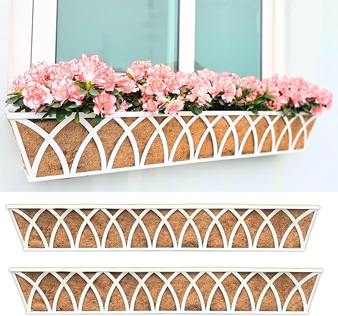 LaLaGreen Wall Planter Outdoor (48 inch, 2 Pack) White Metal Rectangular Hanging Flower Box Planters with Coco Liner Window Boxes Basket Plant Holder Horse Trough Deck Rail Railing Patio Porch Balcony