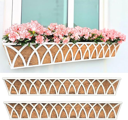 LaLaGreen Wall Planter Outdoor (48 inch, 2 Pack) White Metal Rectangular Hanging Flower Box Planters with Coco Liner Window Boxes Basket Plant Holder Horse Trough Deck Rail Railing Patio Porch Balcony