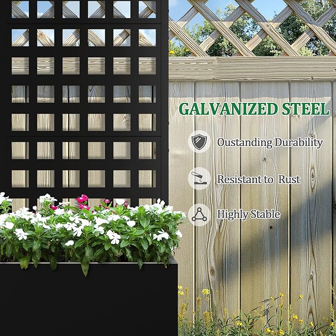 Metal Raised Garden Bed with Trellis, 2 in 1 Trellis with Planter Box & Privacy Screen for Climbing Plants, Vine, Outdoor Standing Flower Beds with Drainage Holes, 23.6" L x 11.8" W x 63" H, Black