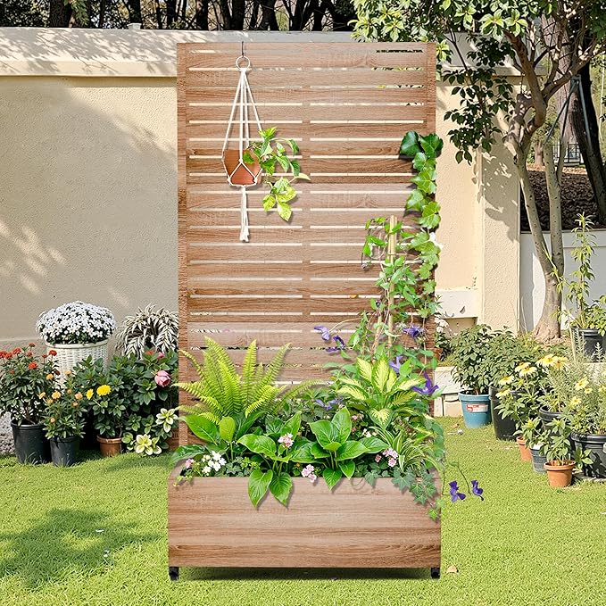Metal Raised Garden Bed with Trellis, 2-in-1 Planter Box & Privacy Screen for Climbing Plants, Outdoor Standing Flower Bed with Drainage Holes, 35.4" L x 15.7" W x 70.1" H, Cut Oak Grain