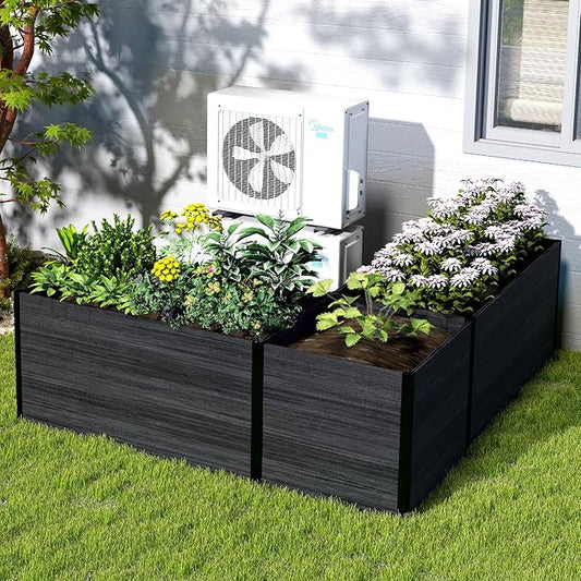 Modular Raised Garden Bed - Expandable Design with Composite Panels & Aluminum Frame - Perfect for Flowers, Vegetables, Herbs - Outdoor Planter Cuboid Box for Patio, Balcony, Backyard (Black)