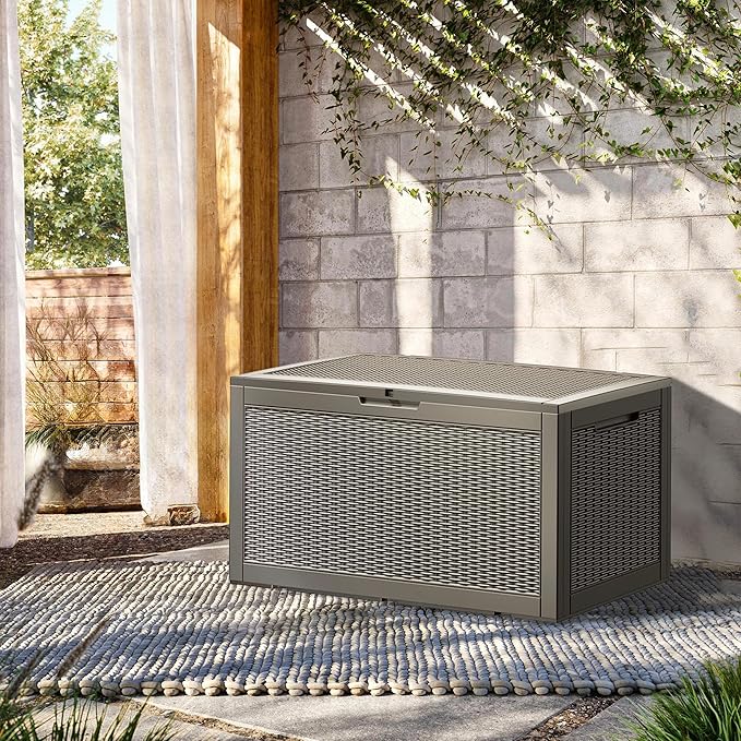 100 Gallon Lockable Resin Outdoor Storage Box, Waterproof & Weather Resistant Deck Box for Patio Cushion, Garden Tools & Pool Accessories, Grey