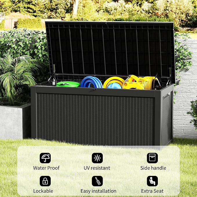 Mersco 320 Gallon Double-Wall Resin Deck Box - Lockable Waterproof Outdoor Storage Box, 1000lbs Capacity & Doubles as Seating for Patio Furnitures, Garden Tools, Pool Accessories (Black)