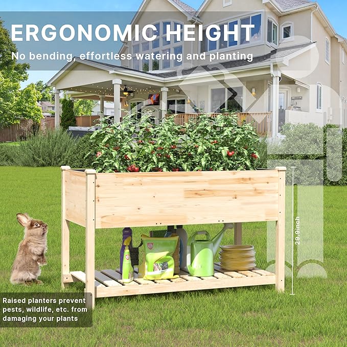 Gotland 2pcs Raised Garden Bed with Legs, Raised Beds for Gardening with Storage Shelf Bed Liner Drainage Holes, Wooden Planter Raised Beds, Raised Planter Box Backyard, Patio, Balcony, Natural