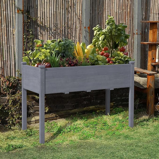 BlueWish 47" W x 23" D x 30" H Cedar Raised Garden Bed, Elevated Garden Bed with Detachable Black Liner, 3 Drainage Holes, Planter Box for Outdoor, Patio, Garden, Backyard, Gray