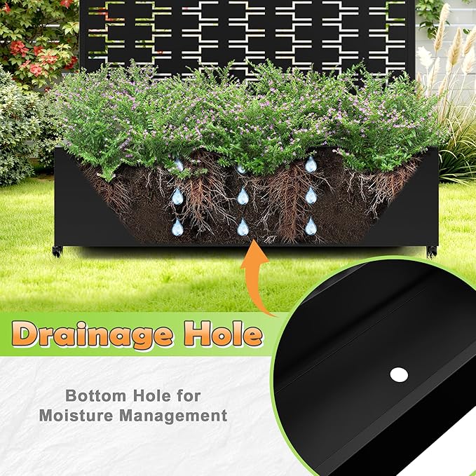 Metal Raised Garden Bed with Trellis, 2-in-1 Planter Box & Privacy Screen for Climbing Plants, Outdoor Standing Flower Bed with Drainage Holes, 47.2" L x 16.7" W x 70.8" H, Black-Brick