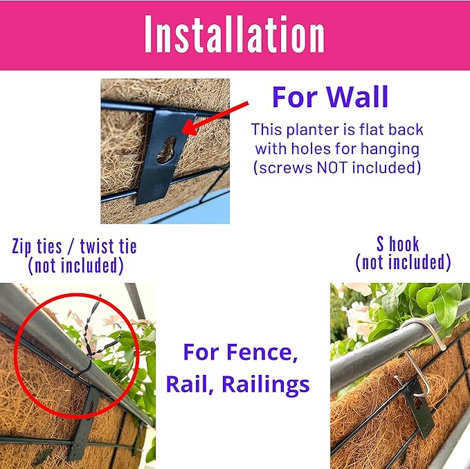 LaLaGreen Large Window Flower Boxes - 2 Pack, 24 Inch Balcony Planter, Deck Railing Planters with Coco Liners Outdoor Wall Pot Plant Holder, Black Metal Horse Trough Fence Patio Porch Over Rail Decor