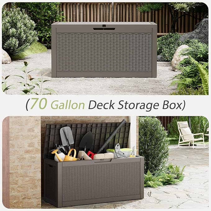 NBYSGO Outdoor Storage Box, Resin Deck Boxes Indoor and outdoor, Waterproof Storage Box Lockable Lid (Grey,70 Gallon)