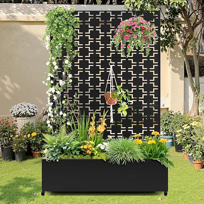 Metal Raised Garden Bed with Trellis, 2-in-1 Planter Box & Privacy Screen for Climbing Plants, Outdoor Standing Flower Bed with Drainage Holes, 47.2" L x 16.7" W x 70.8" H, Black-Square