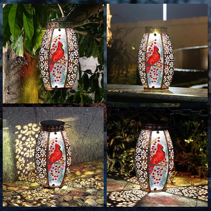 Solar Lanterns Outdoor Cardinal Garden Decor Light Decorative Waterproof Hanging Gardening Gifts for Women Mom Mothers Grandma Grandparents Birthday Gift