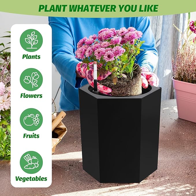 16" Tall Planters Set of 2, Large Outdoor & Indoor Self-Watering Pots with Water Level Monitor, Drainage Hole & Wheels, Planter Pots for Garden, Patio, Balcony, Lounge - Black