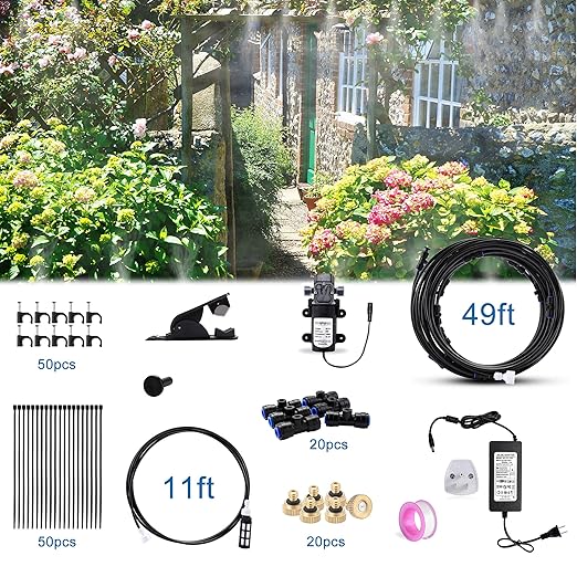 Mornajina Outdoor Misting Cooling System with Pump Kit, 49.2FT(15M) Misting Line with Filter, 20 Brass Mist Nozzles, 1 Brass Adapter (3/4"), 12V DC 60W 5L/Min, Self Priming Sprayer Water Pump