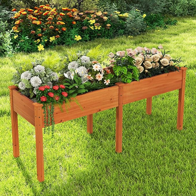 Raised Garden Bed with Legs, Elevated Planter Box with Divider & 8 Drainage Holes, Fir Wood Garden Box for Vegetables, Flowers, Fruits & Herbs (Brown Yellow)