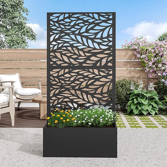 Casaphoria Metal Raised Garden Bed with Trellis, 59"x30"x12" Planter Box for Climbing Plants, Vegetables & Vines, Features Drainage Holes and Privacy Screen (Black-Spring)