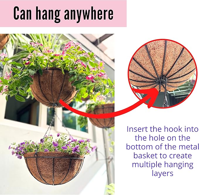 LaLaGreen Hanging Baskets for Plant Outdoor (6 Pack, 16 Inch) Extra Large Hanging Planter with Coco Liner Black Metal Wire Round Flower Pot Holder Hang Deck Porch Garden Balcony Natural Country Decor