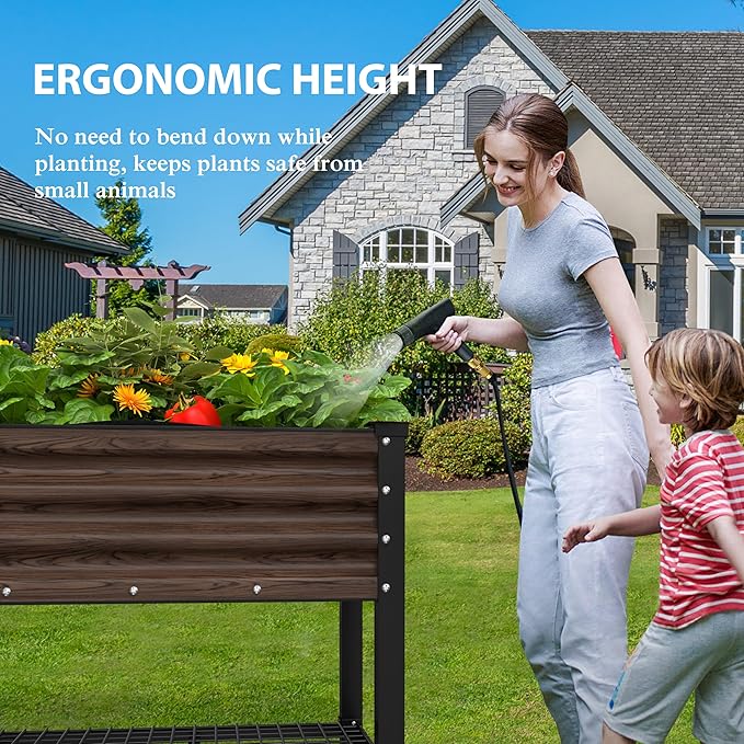 MUPATER 48" L x 24" W x 34" H Galvanized Steel Raised Garden Bed, 507lbs Capacity Large Metal Elevated Raised Planter Box with Rolling Casters & Extra Bottom Shelf for Patio, Balcony, Rustic