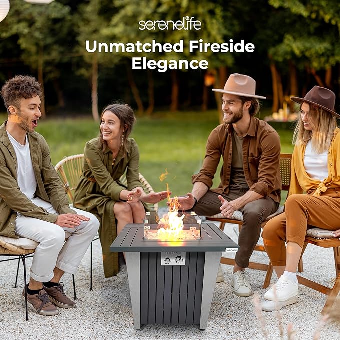 SereneLife Propane Fire Pit Table 50,000 BTU with Sturdy Metal Frame, Stainless Steel Fire Pan, Decorative Glass Rocks, Weather Cover, CSA Certified for Patio, Backyard, or Garden Use