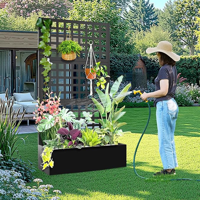 Metal Raised Garden Bed with Trellis, 2 in 1 Trellis with Planter Box & Privacy Screen for Climbing Plants, Vine, Outdoor Standing Flower Beds with Drainage Holes, 35.4" L x 16.7" W x 70.8" H, Black