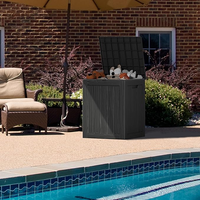Mersco 28 Gallon Double-Wall Resin Deck Box - Lockable Waterproof Outdoor Storage Box, 151lbs Capacity & Doubles as Seating for Patio Furniture - Garden Tools, Pool Accessories （Black）