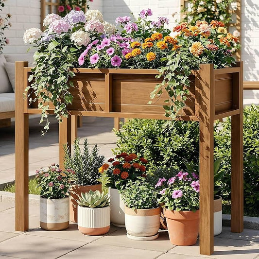DWVO Raised Garden Bed with Legs Weatherproof Elevated Planter Box Outdoor with Drainage System Patio Planters for Herbs Vegetables Flowers Plant Bed for Garden Balcony Backyard,Teak