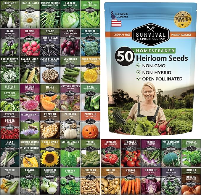Homesteader Seed Vault - 50 Packs of Non-GMO Heirloom Vegetable, Fruit, Herb Seeds for Planting a Victory Garden - Grow Survival Food for Storage, Emergency Preparedness - Survival Garden Seeds
