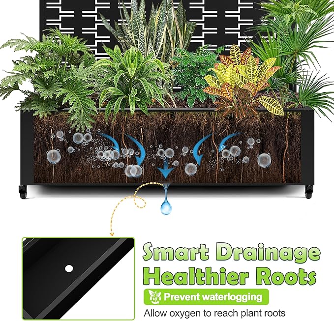 15.7"×70.9"×47.2" Metal Raised Garden Bed with Trellis and Wheels - Tall Trellis Planter Box for Climbing Plants, Vegetables & Vines - Outdoor Privacy Planters for Patio (Black-Brick)