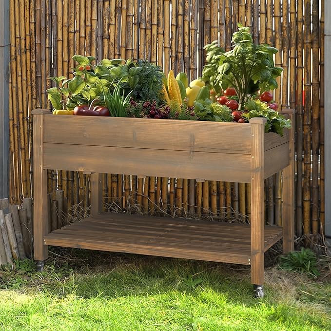 48x24x33in Raised Garden Bed Featuring Legs, Outdoor Elevated Wood Planted Box Equipped with Wheels & Shelf for Vegetable Flower, Backyard and Patio, Rustic