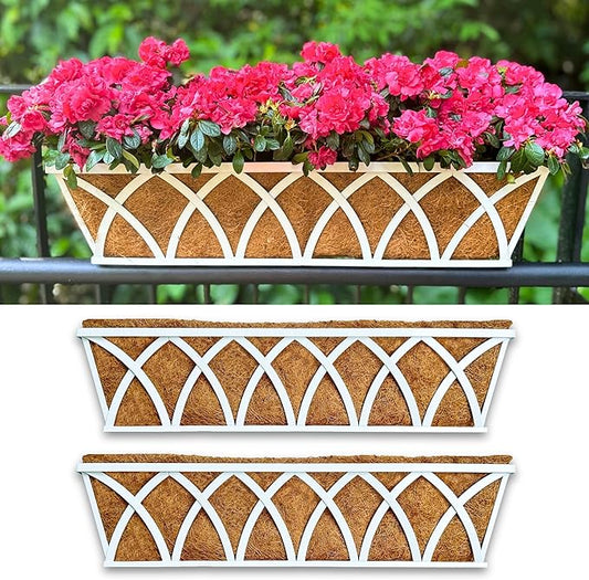 LaLaGreen Wall Planter (30 Inch, 2 Pack)White Metal Rectangular Hanging Flower Box Window Boxes Planters with Coco Liner, Flower Basket Plant Holder Deck Rail Railing Patio Horse Trough Balcony Fence