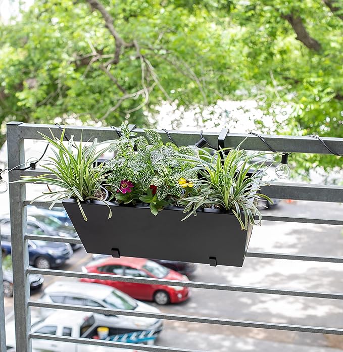 BIRDROCK HOME 2pk Metal Railing Planter - Black Balcony Flower Box - Deck Rail Boxes - House Apartment Plant Pot