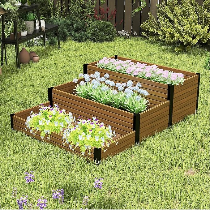 Elevated Wooden Raised Garden Planter - 3-Tier Outdoor Flower & Vegetable Box for Patio, Backyard, or Garden - Durable, Weather-Resistant Design - 47.2" x 21.7" x 18.1" (Brown)