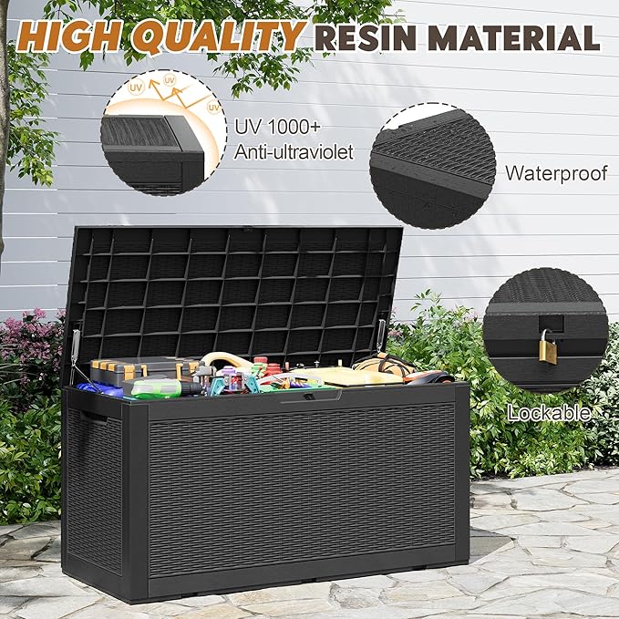 NBYSGO Outdoor Storage Box, Resin Deck Boxes Indoor and outdoor, Waterproof Storage Box Lockable Lid (Black, 101 Gallon)