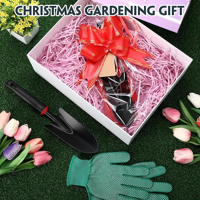 Therwen 12 Pcs Christmas Shovel Gloves Gifts Set with Bag Bow Tie Blank Tags Heavy Duty Garden Hand Shovel Anti-Slip Dots Gloves for Yard Lawn Farm Planting Tool Christmas Spring Planting Lover Gifts