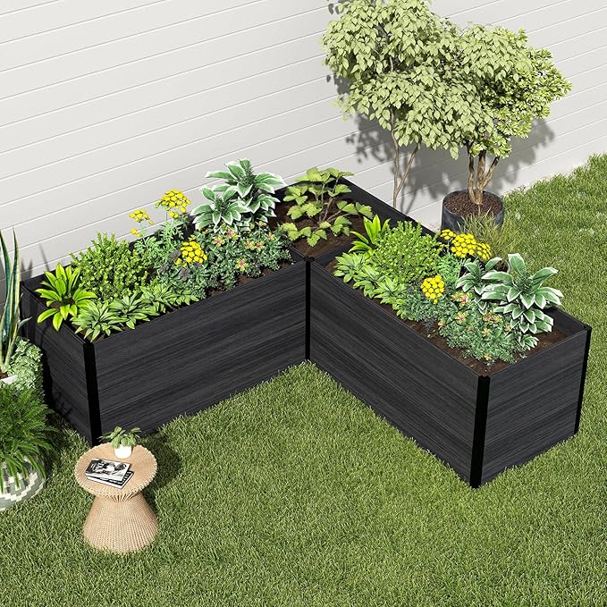 Modular Raised Garden Bed - Expandable Design with Composite Panels & Aluminum Frame - Perfect for Flowers, Vegetables, Herbs - Outdoor Planter Cuboid Box for Patio, Balcony, Backyard (Black)