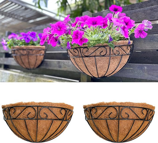 LaLaGreen Wall Hanging Planter, 2 Pack, 12 Inch Wall Mounted Flower Basket with Coco Liner for Outdoor Plants, Black Metal Wire Rail Herb Pot Holder Fence Railing Deck Porch Balcony Garden Patio Decor