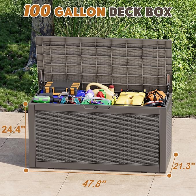 NBYSGO Outdoor Storage Box, Resin Deck Boxes Indoor and outdoor, Waterproof Storage Box Lockable Lid (Grey, 101 Gallon)