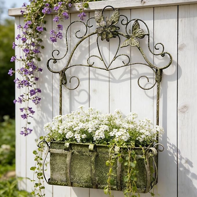 Rustic Metal Wall Planter Vintage Wall Mounted Flower Pot Farmhouse Distressed Wall Hanging Plant Basket with Floral & Butterfly Decor for Indoor Outdoor Garden Home Yard (Green#2)