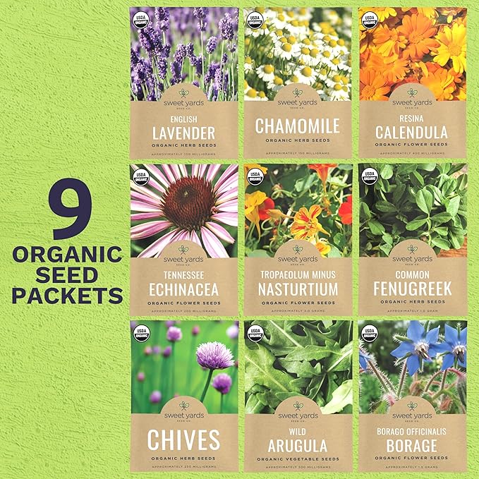 Organic Edible Flower Seeds Variety Pack - 9 Individual Packs - 2026 Season - Lavender, Chamomile, Nasturtium, Calendula and More! for Indoor & Outdoor Planting (Non-GMO, Certified Organic)