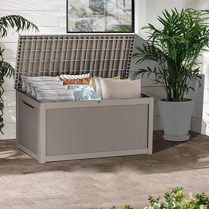 320 Gallon Lockable Resin Outdoor Storage Box, Waterproof & Weather Resistant Deck Box for Patio Cushion, Garden Tools & Pool Accessories, Grey