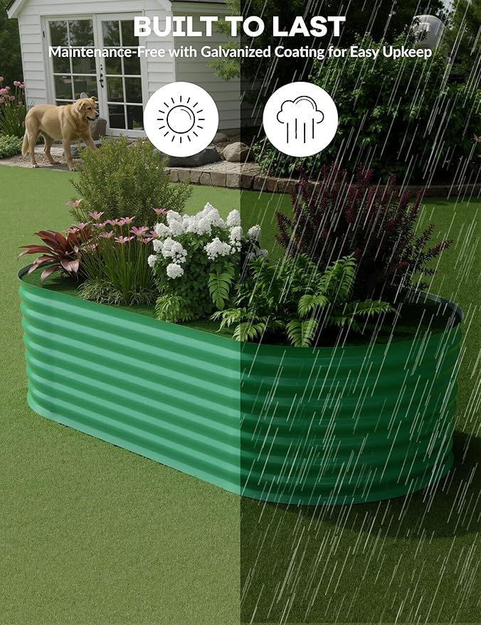 IDEAHOUSE 2-Pack Raised Garden Bed - Heavy-Duty Galvanized Steel Outdoor Planter Box for Vegetables, Flowers & Herbs - Rust-Resistant, Easy-Assembly Garden Box, Beige/Green