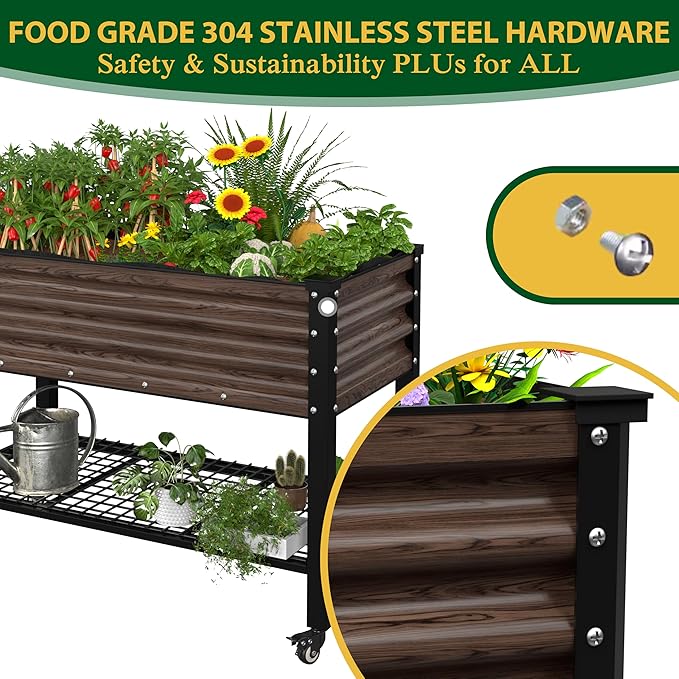 BlueWish 48" W x 24" D x 34" H Outdoor Galvanized Garden Bed, Elevate Raised Bed with Detachable Black Liner, Rolling Casters, Storage Shelf, Planter Boxes for Gardening, Vegetable, Flower, Rustic