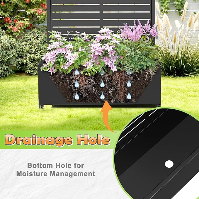 Metal Raised Garden Bed with Trellis, 2-in-1 Planter Box & Privacy Screen for Climbing Plants, Outdoor Standing Flower Bed with Drainage Holes, 35.4" L x 15.7" W x 70.1" H, Black-Louvered