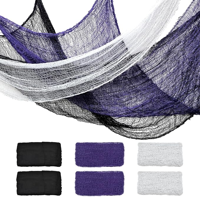 ZeeDix 6 Pack Halloween Creepy Cloth 30 x 75 Inch Polyester Fabric Halloween Decoration Spooky Scary Gauze Cloth Creepy Cheesecloth for Party Supplies Home Wall Doorway(Black, White, Purple)