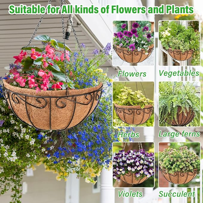 Legigo 2 Pack 12 Inch Metal Hanging Baskets for Plants Outdoor- Round Wire Hanging Planters Basket with Coconut Coir Liner, Hanging Flower Pot for Outdoor Plants Flowers Garden Decorations