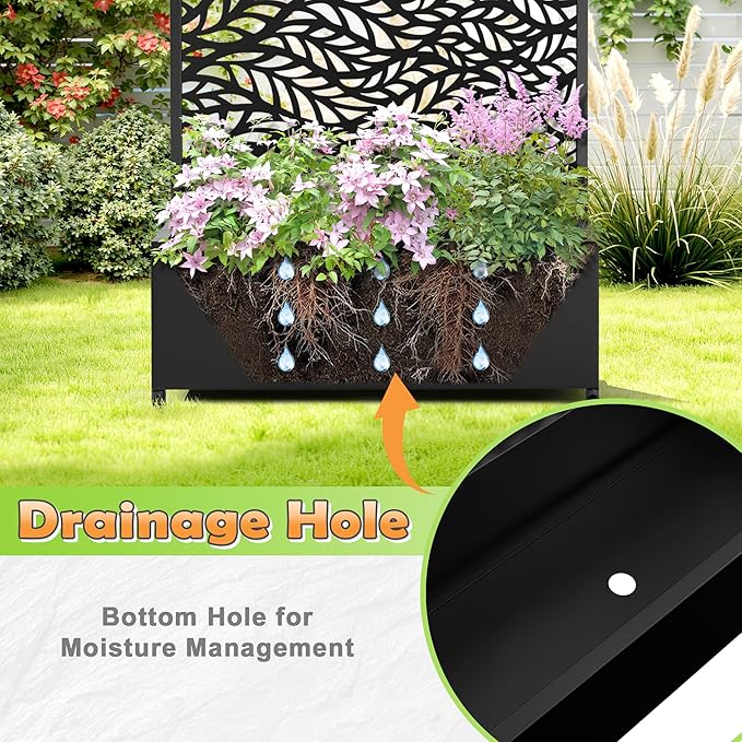 Metal Raised Garden Bed with Trellis, 2-in-1 Planter Box & Privacy Screen for Climbing Plants, Outdoor Standing Flower Bed with Drainage Holes, 35.4" L x 15.7" W x 70.1" H, Black-Spring