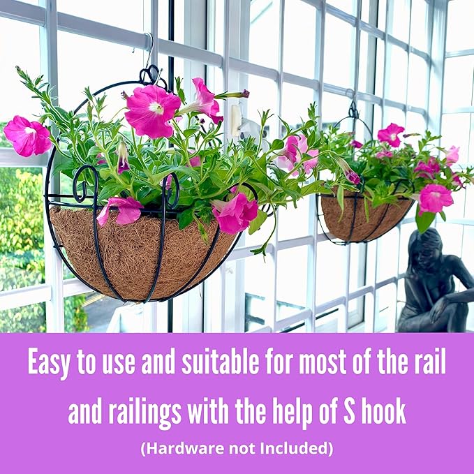 ShopLaLa Wall Hanging Planter for Outdoor Plants (2 Pack, 12 Inch) Wall Mounted Flower Baskets with Coco Liner for Outside Plant, Fence Railings Pots Holder Balcony Deck Porch Modern Garden Decor