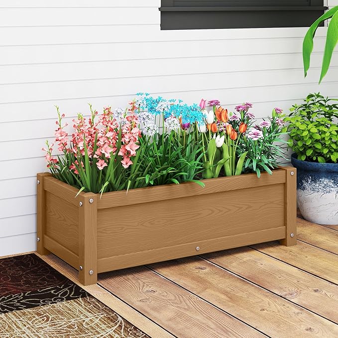HDPE Raised Planter Box Outdoor,Rot-Resistant and Non-Cracking,Raised Beds for Gardening 29.5 * 14.4 * 9.8 in for Yard,Lawn,Outdoor Planter Boxes Rectangle with Drainage Holes Brown
