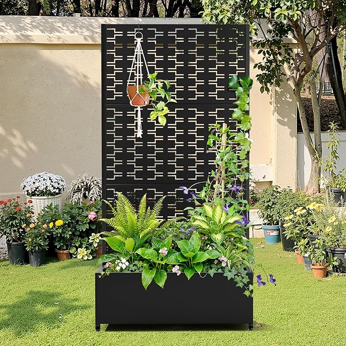 Metal Raised Garden Bed with Trellis, 2-in-1 Planter Box & Privacy Screen for Climbing Plants, Outdoor Standing Flower Bed with Drainage Holes, 35.4" L x 15.7" W x 70.1" H, Black-Brick