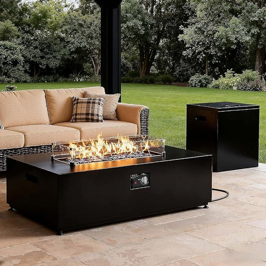 42" Propane Fire Pit Table Set with Tank Holder, Rectangle 2-Piece Outdoor Firepit Wind Guard, Lid, Glass Stones and Cover